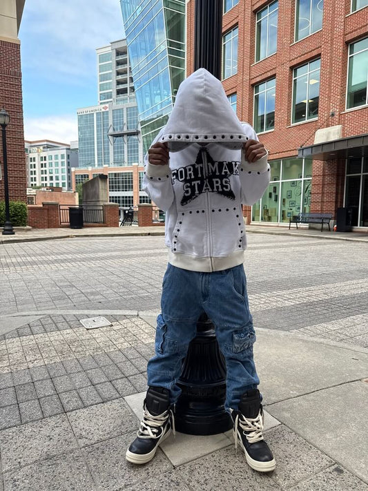White “Effort Makes Stars” Studded Zip-Up