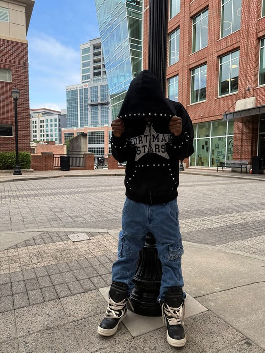 Black “Effort Makes Stars” Studded Zip-Up